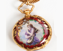 Victorian eran enameled pocket watch. Nobel Antique jewelry Store, Santa Monica. Made in America.Circa 1880s.