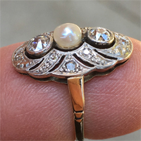 Edwardian era diamond and pearl ring. Nobel Antique jewelry Store, Santa Monica. Made in America.Circa 1880s.